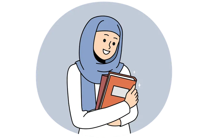 Smiling young Arabic woman in hijab holding books excited about college education  Illustration