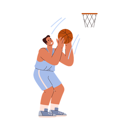 Smiling young boy crouching to throw ball into basket  Illustration