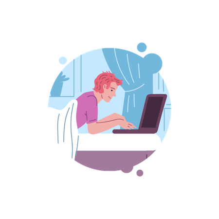 Smiling young boy working with laptop  Illustration