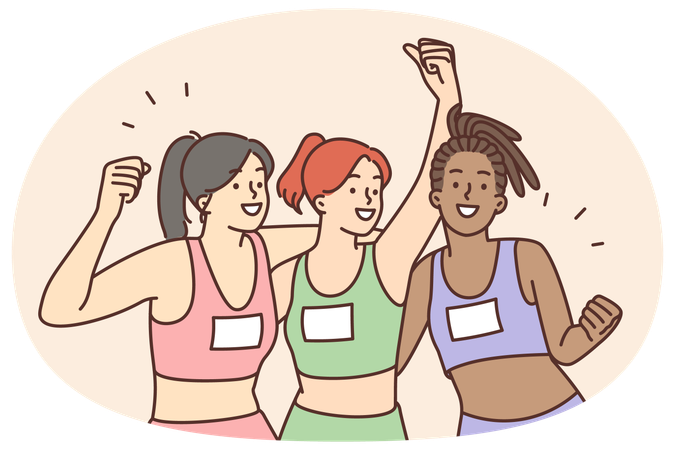 Smiling young diverse girls athletes celebrate win in competition  Illustration