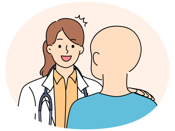 Smiling young doctor in uniform talk with bald cancer patient about good result.  Illustration