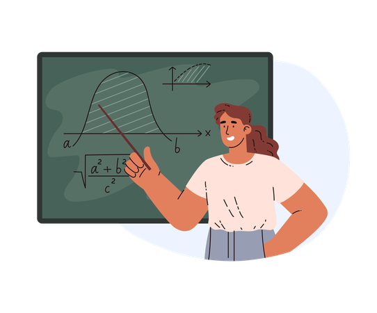 Smiling young girl points at graphs on chalk board  Illustration