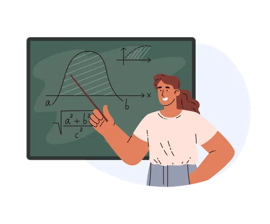 Smiling young girl points at graphs on chalk board  Illustration