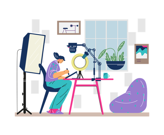 Smiling young girl video maker working  Illustration