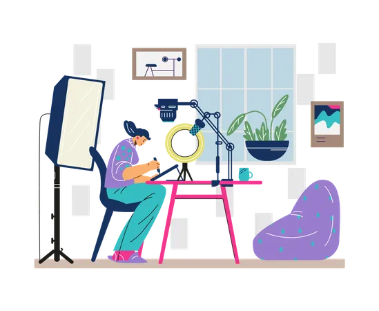 Smiling young girl video maker working  Illustration