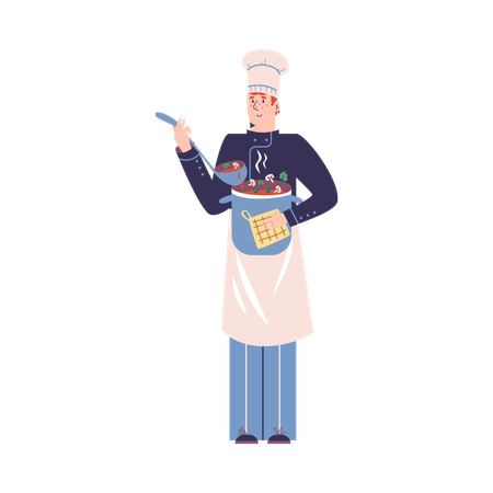 Smiling young guy is chef with pot of soup  Illustration