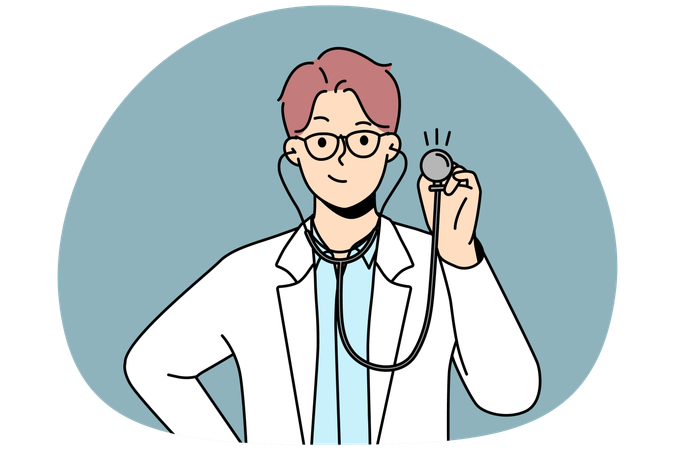 Smiling young male doctor in white medical uniform holding stethoscope ready to check  Illustration