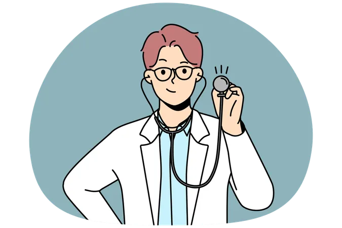 Smiling young male doctor in white medical uniform holding stethoscope ready to check  Illustration