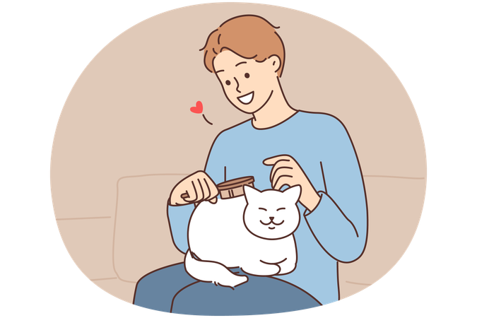 Smiling young man brushing fluffy little white cat  Illustration