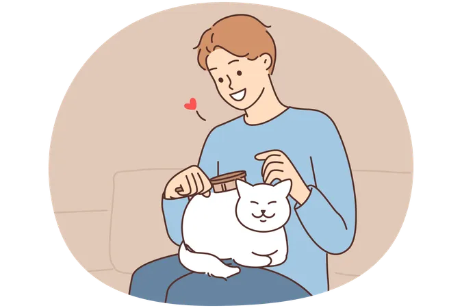 Smiling young man brushing fluffy little white cat  Illustration