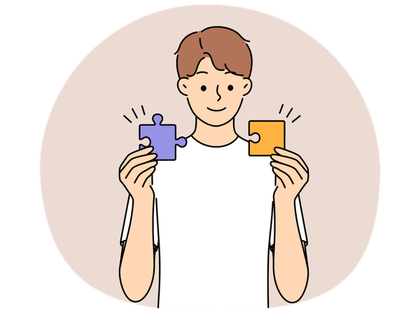 Smiling young man connect jigsaw puzzles find problem solution  Illustration