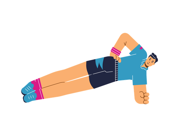 Smiling young man doing plank exercise standing sideways on one arm  Illustration