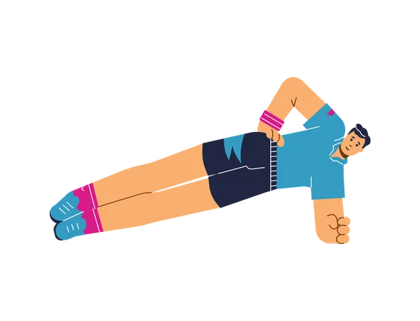 Smiling young man doing plank exercise standing sideways on one arm  Illustration
