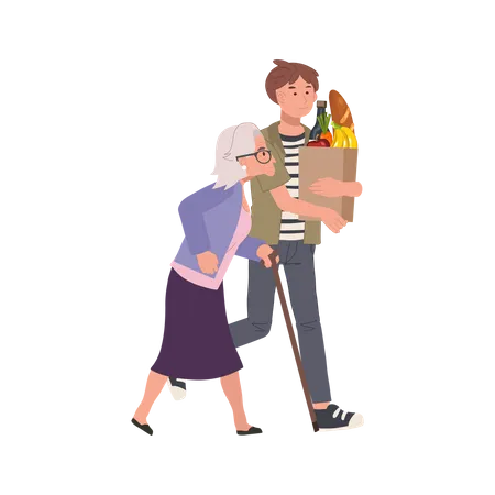 Respect For Pensioners Concpet Smiling Young Man Helps Senior Grandmother Carry Grocery Bag Smiling Caring Girl Assist Senior Granny Illustration