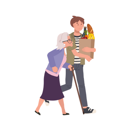 Smiling Young man Helping Senior Grandmother Carry Grocery Bag  Illustration