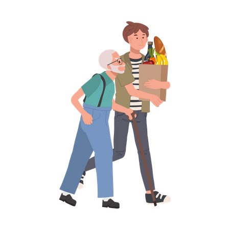 Smiling Young man Helps Senior Grandfather Carry Grocery Bag  イラスト