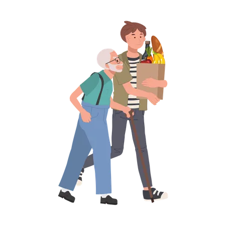 Respect For Pensioners Concpet Smiling Young Man Helps Senior Grandfather Carry Grocery Bag Smiling Caring Man Assist Senior Grandpa Illustration