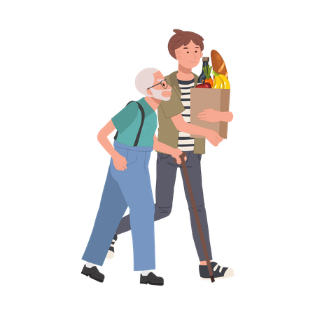 Smiling Young man Helps Senior Grandfather Carry Grocery Bag  Illustration