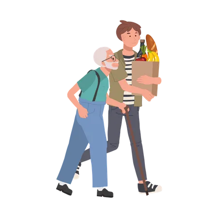 Smiling Young man Helps Senior Grandfather Carry Grocery Bag  Illustration