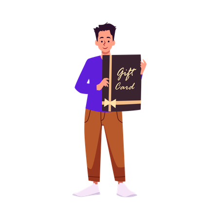 Smiling young man holding big gift card  Illustration