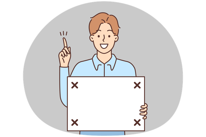 Smiling young man holding board in hands point up at good deal  Illustration