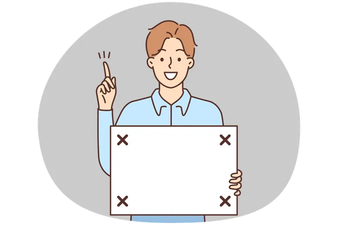 Smiling young man holding board in hands point up at good deal  Illustration
