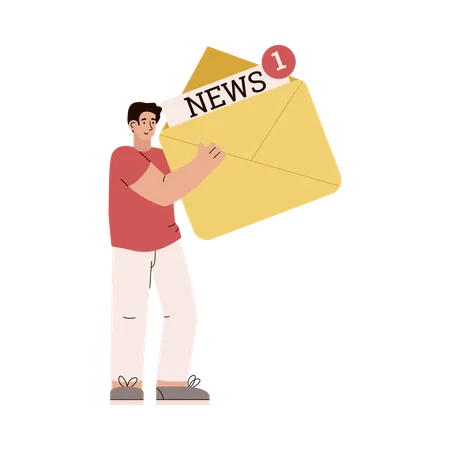 Smiling young man holding envelope with news  Illustration