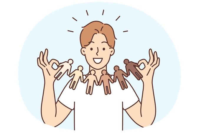 Smiling young man holding garland of diverse multiracial people  Illustration