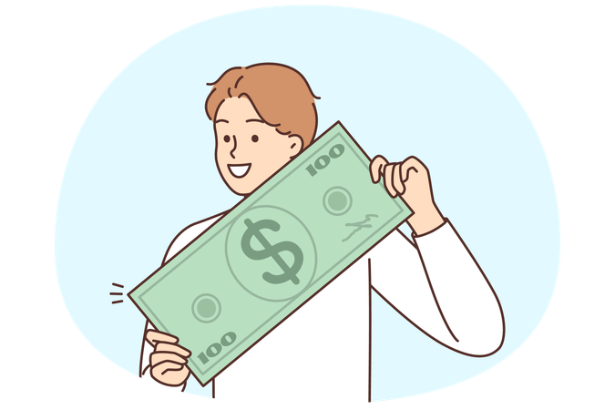 Smiling young man holding huge dollar bill in hands celebrate lottery win  Illustration