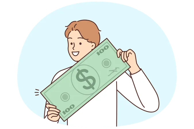 Smiling young man holding huge dollar bill in hands celebrate lottery win  Illustration