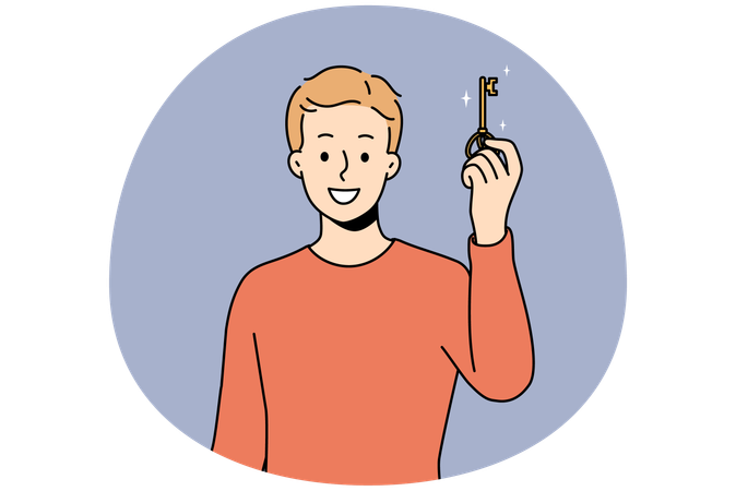 Smiling young man holding key to new house or apartment  Illustration