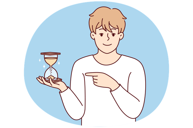 Smiling young man point at sandglass show sand flowing and time passing  Illustration