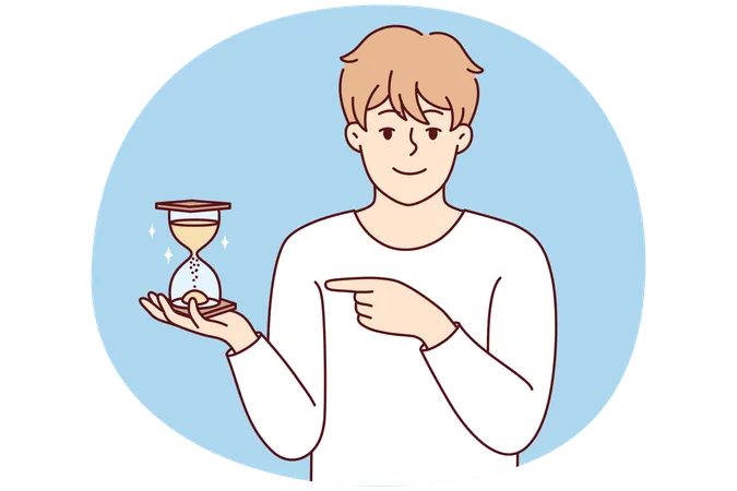 Smiling young man point at sandglass show sand flowing and time passing  Illustration