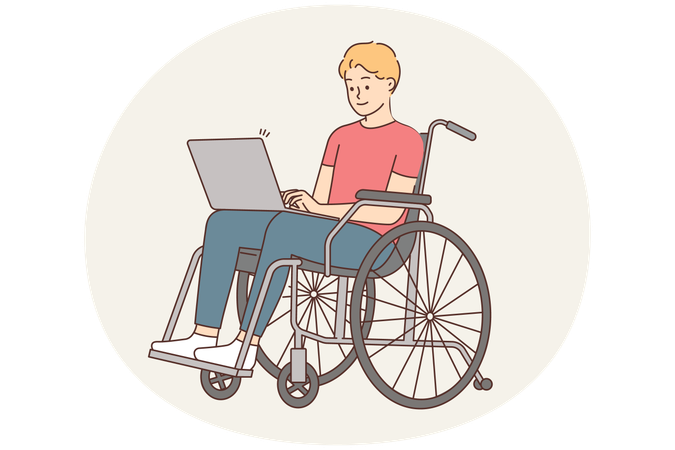 Smiling young man sit in wheelchair work on laptop  Illustration
