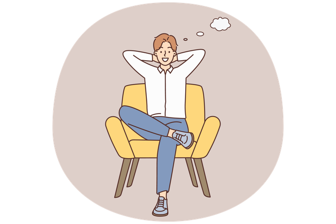 Smiling young man sit on chair thinking.  Illustration