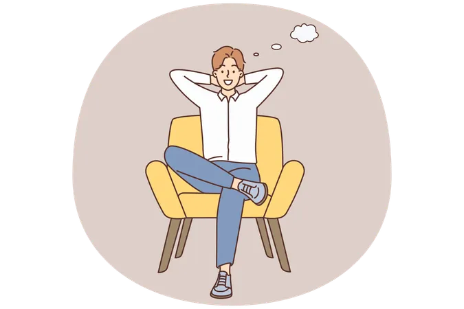 Smiling young man sit on chair thinking.  Illustration