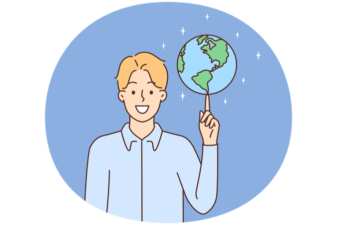 Smiling young man swirling globe on finger  Illustration