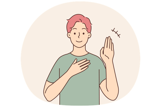 手話を使って話す笑顔の若い男性  イラスト