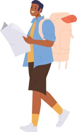 Smiling young man traveler with backpack holding paper map walking  Illustration