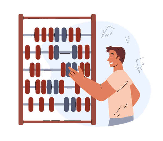 Smiling young man using huge abacus  Illustration