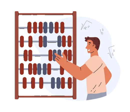 Smiling young man using huge abacus  Illustration