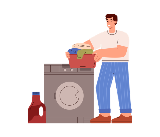 Smiling young man washes clothes  Illustration