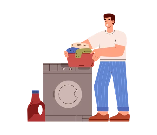 Smiling young man washes clothes  Illustration