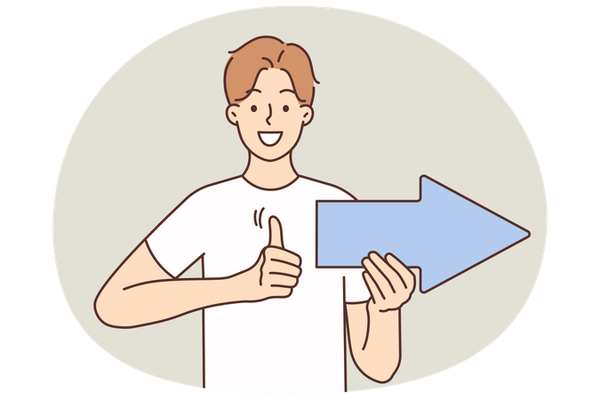 Smiling young man with arrow show direction recommend good deal  Illustration