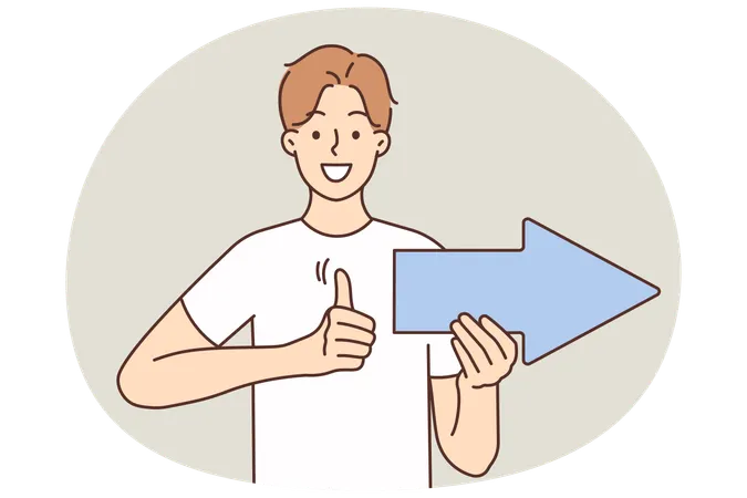 Smiling young man with arrow show direction recommend good deal  Illustration