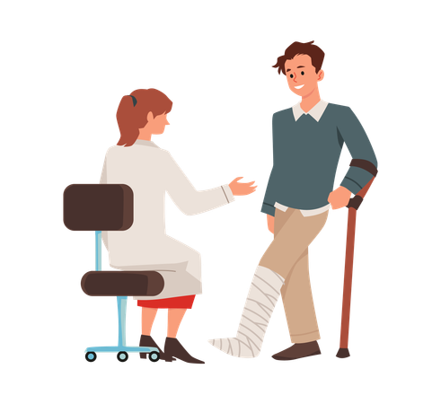 Smiling young man with broken leg in cast at orthopedic doctor's appointment  Illustration
