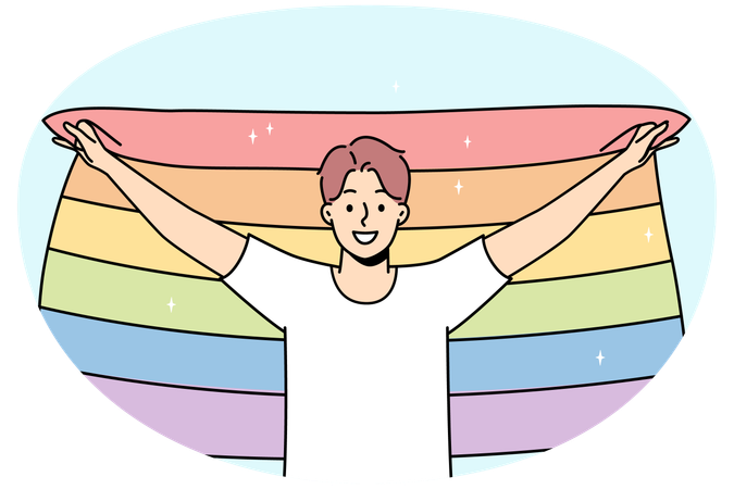 Smiling young man with LGBTq flag show support on pride parade  Illustration