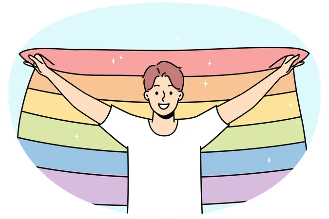 Smiling young man with LGBTq flag show support on pride parade  Illustration