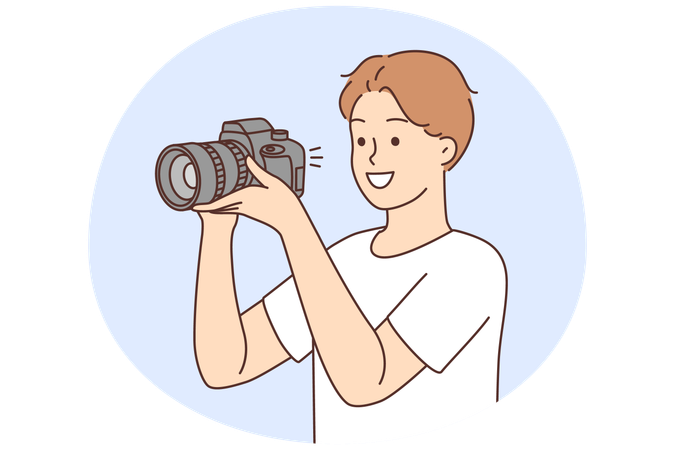 Smiling young man with professional camera taking pictures  Illustration