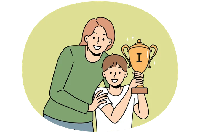 Smiling young mother hug little son holding golden trophy celebrate win in competition  Illustration
